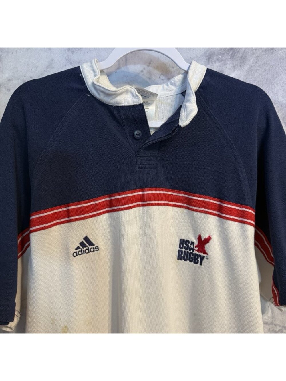 Vintage Adidas USA Rugby Henley Shirt Mens XL White/Blue Y2K 2001